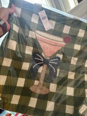 Anthropologie Green and White Gingham Tote with Beaded Cocktail Motif